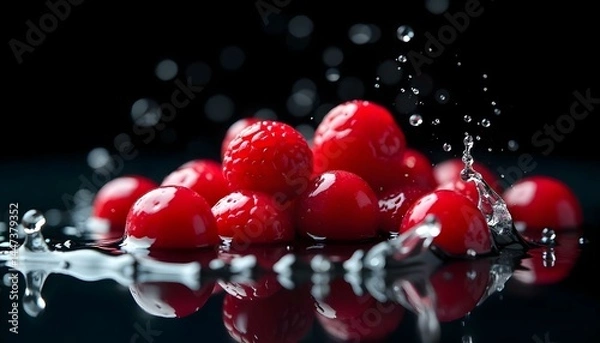 Fototapeta fresh ripe berries falling in water with splash isolated on black