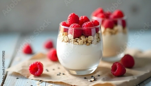 Fototapeta glasses with tasty yogurt, oat flakes and raspberries near scattered chia seeds, oat flakes and