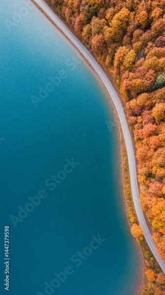 Fototapeta Aerial View of Curved Road Along Autumn River
