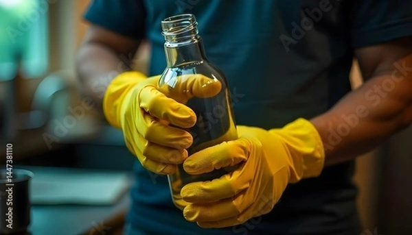 Fototapeta Partial view of man in yellow rubber gloves holding empty glass bottle