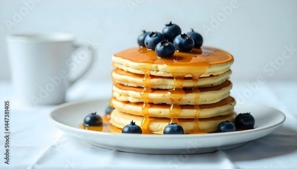 Fototapeta Pancakes with blueberries and syrup Isolated on white background