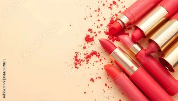 Fototapeta Assortment of red lipsticks in different shades scattered on a beige marble countertop, natural daylight, high-resolution, copy space below, beauty product advertisement.