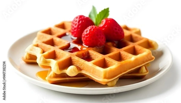 Fototapeta viennese waffles with strawberry and sweet syrup isolated on white background