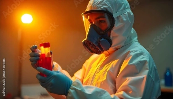 Fototapeta cropped view of epidemiologist in hazmat suit and respirator mask holding test tubes with blood