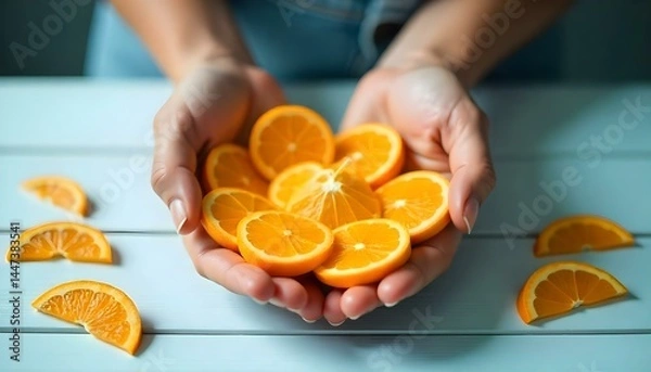 Fototapeta cropped view of woman holding ripe orange tangerine slices arranged in circle on white background