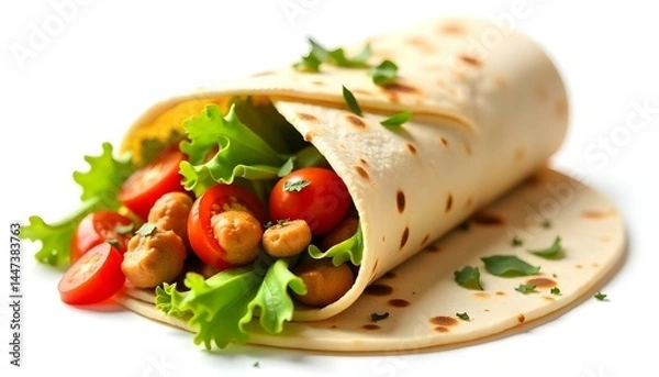 Fototapeta burrito with vegetables and tortilla, isolated on white