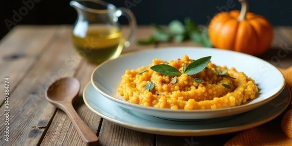 Fototapeta Aromatic Autumnal Pumpkin Couscous with Sage Garnish, Served in a Rustic Setting