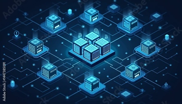 Obraz abstract visualization of container orchestration platforms in cybersecurity data centers with networked servers and digital interfaces.