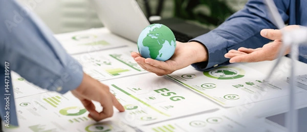 Obraz ESG environmental social and governance Green business concept. Business team Meeting carbon credit report, Green investment strategy concept to Sustainable Environment development goal. CSR concept.