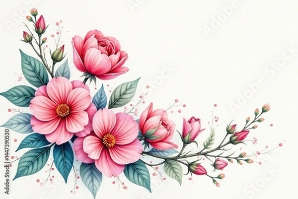 Fototapeta Delicate watercolor floral design, continuous print, art, print, bloom