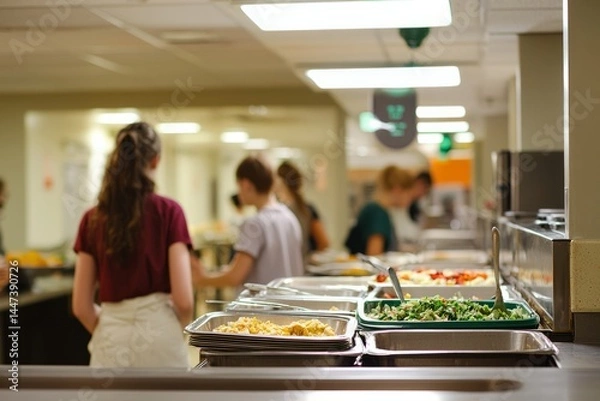 Fototapeta A school cafeteria with trays and chatter. A student is helping behind the line for their first summer job. The mood is busy and full of energy