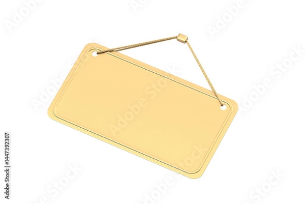 Fototapeta Golden sign board with rope isolated on white background. 3d render