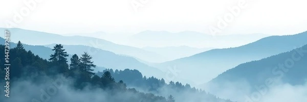 Obraz A foggy mountain landscape with mist and trees on a white background, mist, natural wonder