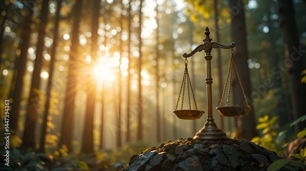 Obraz Scales of justice in a sunlit forest.