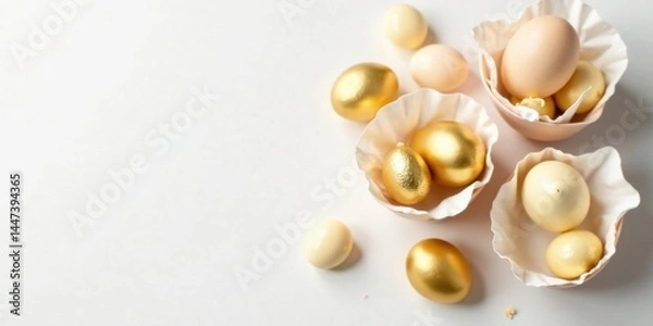 Fototapeta Elegant Golden and Cream Eggs Nestled in Delicate Paper Cups on a White Background