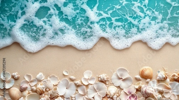 Fototapeta Gentle ocean waves lapping a beach strewn with seashells.