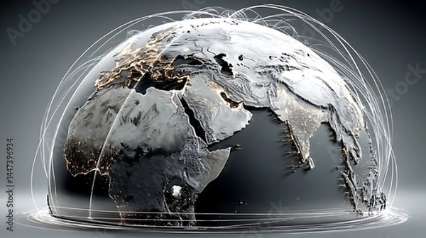 Obraz Global network sphere.  Detailed 3D model of Earth, illuminated with city lights, encompassed by a network of connecting lines, suggesting global communication and interconnectedness