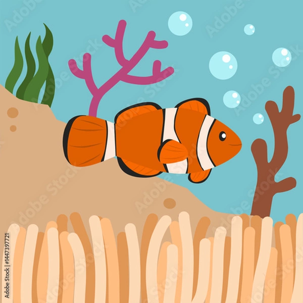 Obraz Clownfish in an underwater coral reef scene, ideal marine background for educational or decorative use.