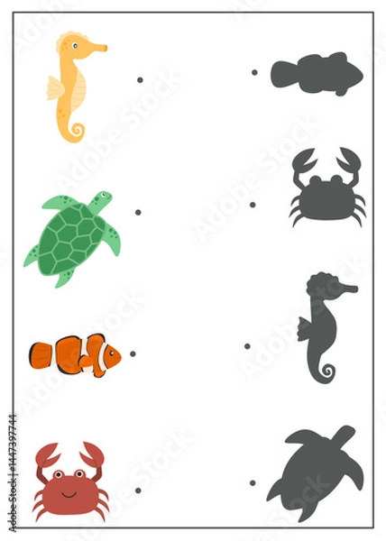 Obraz Sea animal shadow matching activity for children, ideal for visual recognition and marine education games. Sea animals finding shadow activity for kids