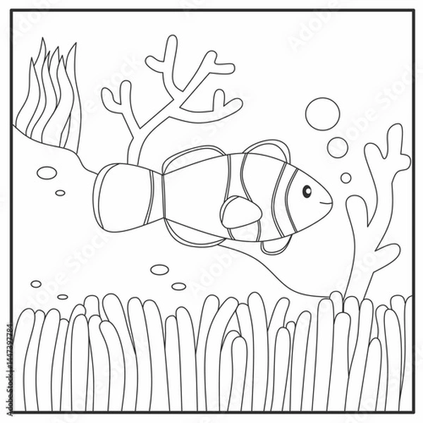 Obraz Clownfish coloring page for kids, perfect for early childhood marine-themed activities and creativity.
