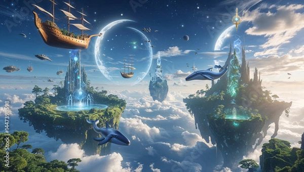 Fototapeta Fantastic floating islands with flying ships and whales against a cloudy sky