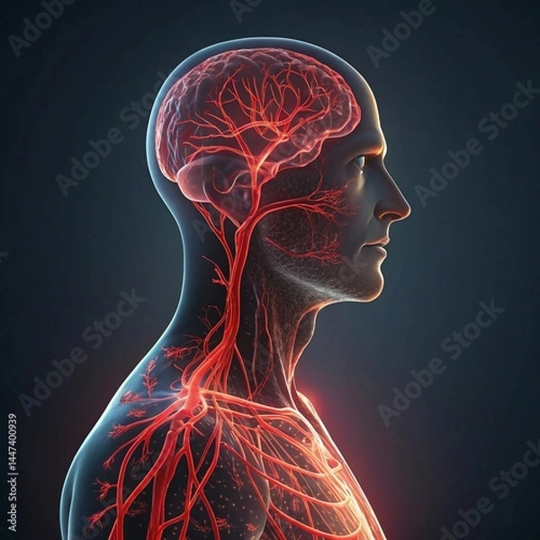 Fototapeta 3D rendering of a human head and torso, highlighting the intricate network of blood vessels in the brain and upper body.
