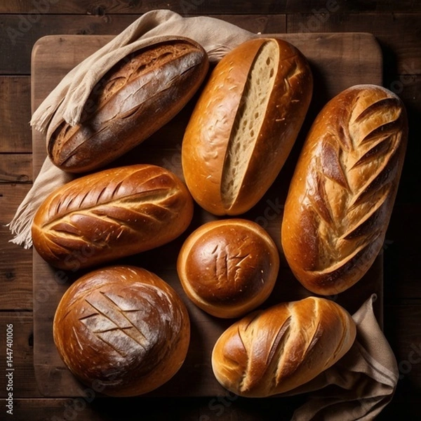 Fototapeta Overhead shot of various loaves of artisan bread arranged on a wooden board.