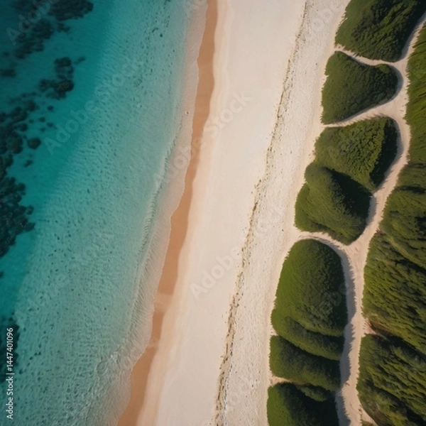 Fototapeta Aerial top-down view of a pristine beach with lush green vegetation bordering the white sand and turquoise water.