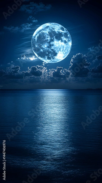 Fototapeta Enormous full moon casting its ethereal glow on calm ocean waters under a dramatic night sky Moons reflection creates