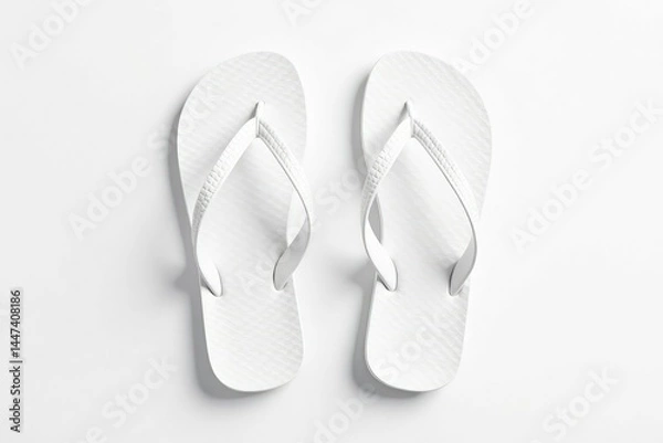 Fototapeta Pair of white flip-flops isolated on pure white backdrop, beach, background