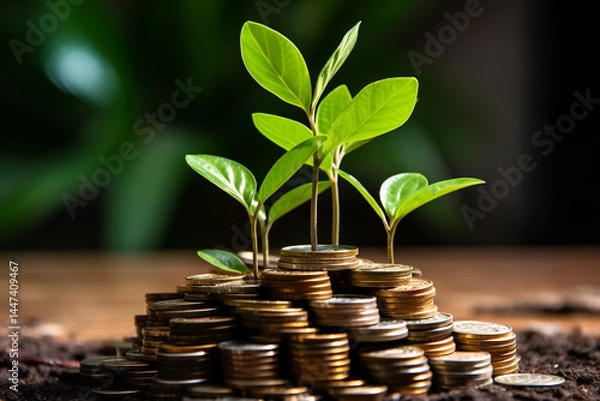 Fototapeta Investment in charming retirement program ensures sustainable growth and financial planning, symbolized by charming stack of metal coins with charming green sprout growing out of them  