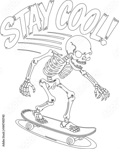 Fototapeta Minimalist illustration of a skull riding a skateboard, with the phrase STAY COOL