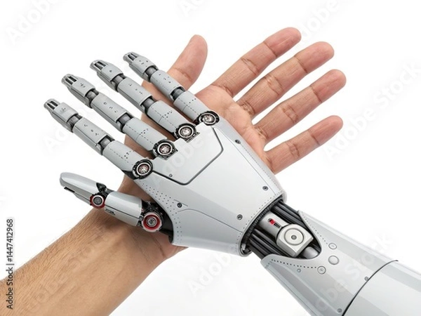 Fototapeta human hand in robot hand close up on a white background