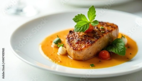 Obraz Elegant gourmet meal, pristine white backdrop, still life, recipe