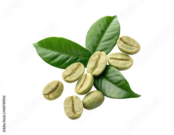 Obraz Unroasted raw green coffee beans with leaves on a transparent background png drinks design