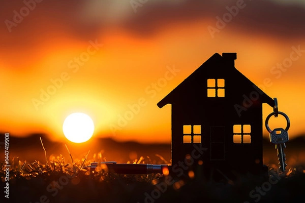 Fototapeta Against backdrop of the breathtaking sunset, the captivating silhouette of the house figure with the key the pen adorned with the keychain evokes the sense of hope excitement, symbolizing dreams of ho