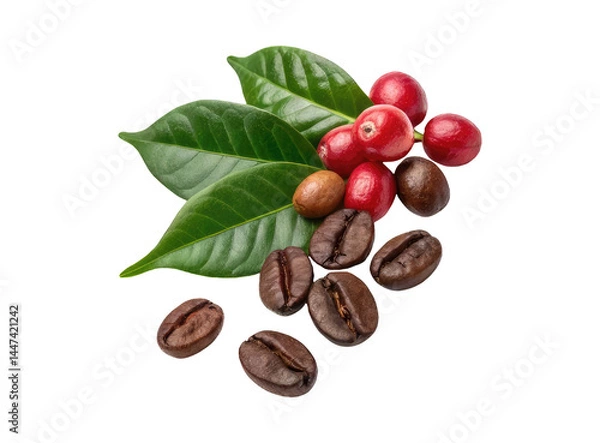 Obraz Ripe roasted and unripe red coffee beans with green leaves on a transparent background png drinks design 