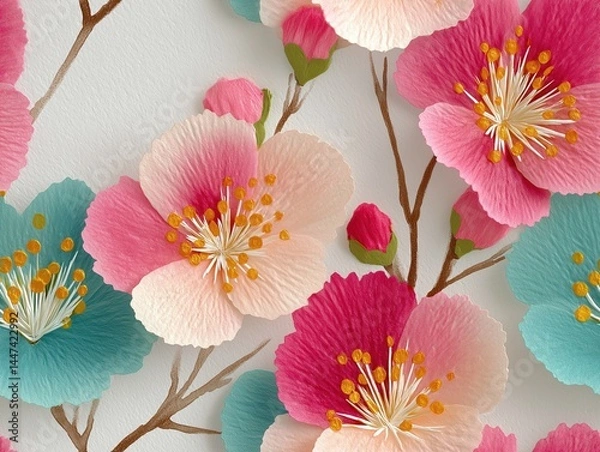 Obraz seamless pattern  of delicate cherry blossoms in pink, red and blue with golden stamens on textured paper, creating a soft and elegant floral pattern.