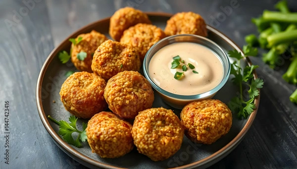 Fototapeta Crispy Golden Fried Balls with Dipping Sauce on Rustic Plate
