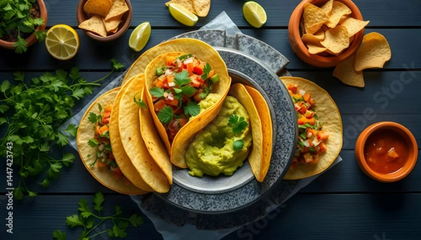 Fototapeta Delicious Tacos with Fresh Ingredients and Guacamole on a Rustic Wooden Table
