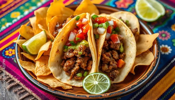Fototapeta Delicious Tacos with Fresh Ingredients on a Colorful Tablecloth Decorated with Chips and Lime