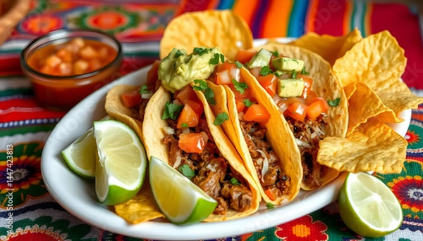 Fototapeta Delicious Tacos with Guacamole and Fresh Ingredients on a Colorful Textured Table