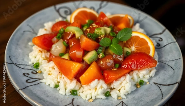 Fototapeta Colorful Fruit Salad on Rice with Fresh Herbs and Citrus Slices in a Decorative Bowl