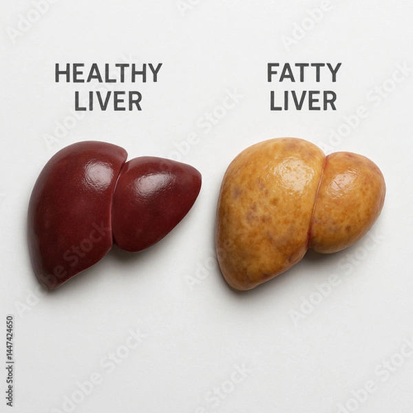 Fototapeta A side-by-side comparison of a healthy liver vs. a fatty liver, both placed on a clean white surface — the fatty liver appearing swollen, discolored, and slightly greasy