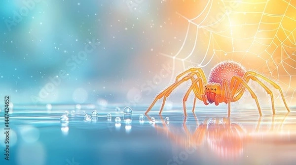 Fototapeta Colorful Spider on Web in Tranquil Water with Sunlight Reflection