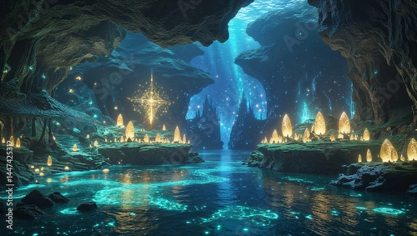 Fototapeta Mystical underwater cave landscape with bioluminescent lights and ethereal glow