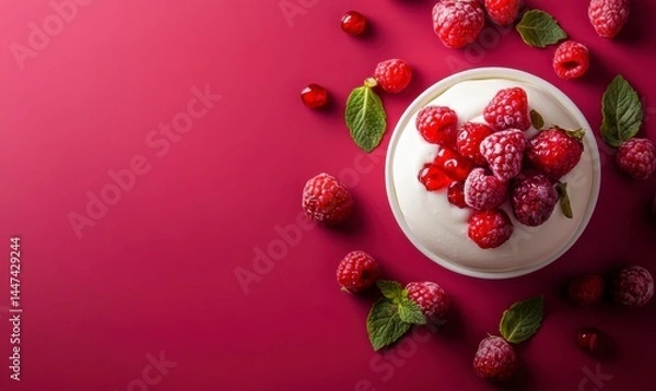 Fototapeta Fresh Raspberries on Creamy Dessert with Mint on Pink Background