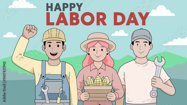 Fototapeta Landscape vector poster for Labor Day with three cartoon-style workers. Bright, flat design perfect for banners, websites, social media headers, or digital campaigns.