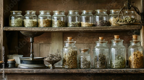 Fototapeta Curating herbal remedies rustic apothecary home glass jars and scales warm atmosphere natural healing