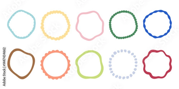 Fototapeta Collection of abstract round shapes and doodle style wavy circle frames
